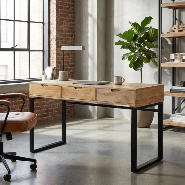Oasis Industrial Mango Wood Desk For Home Office - Natural 55