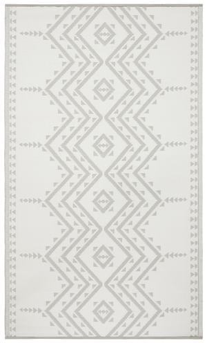 Full view of beige and ivory tribal diamond outdoor rug with ivory ground