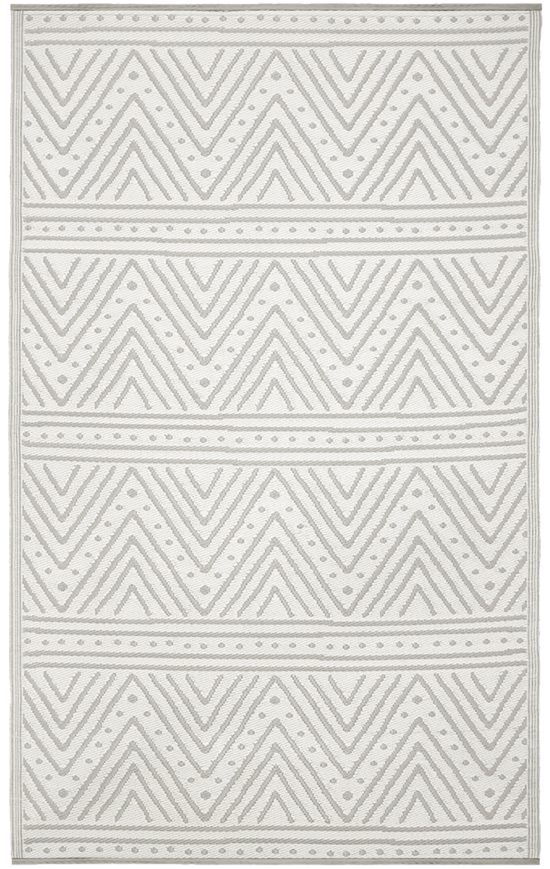 Full view of beige and ivory chevron outdoor rug