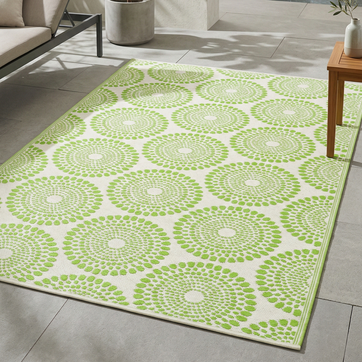 Green Outdoor Rug, lifestyle patio scene