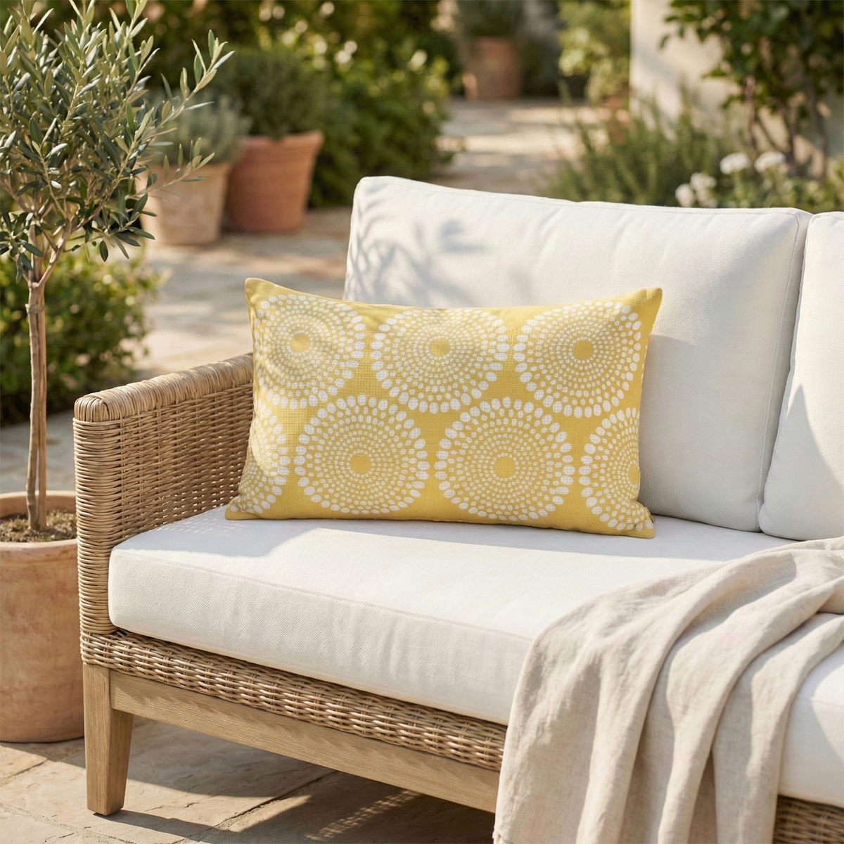 Yellow Outdoor Pillow, lifestyle patio scene with pillow, detail close-up