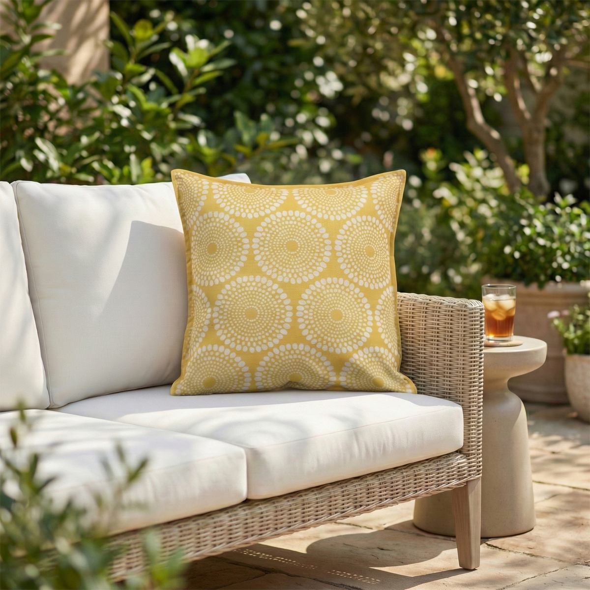 Yellow Outdoor Pillow, lifestyle patio scene with pillow