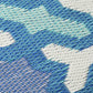Texture close-up of blue and teal geometric tile outdoor rug woven tile pattern