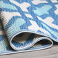 Corner close-up of rolled blue and teal geometric tile outdoor rug showing reverse