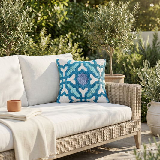 Multicolor Blue Outdoor Pillow, flat product shot