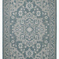 Full view of ocean blue and ivory medallion outdoor rug with ornate border