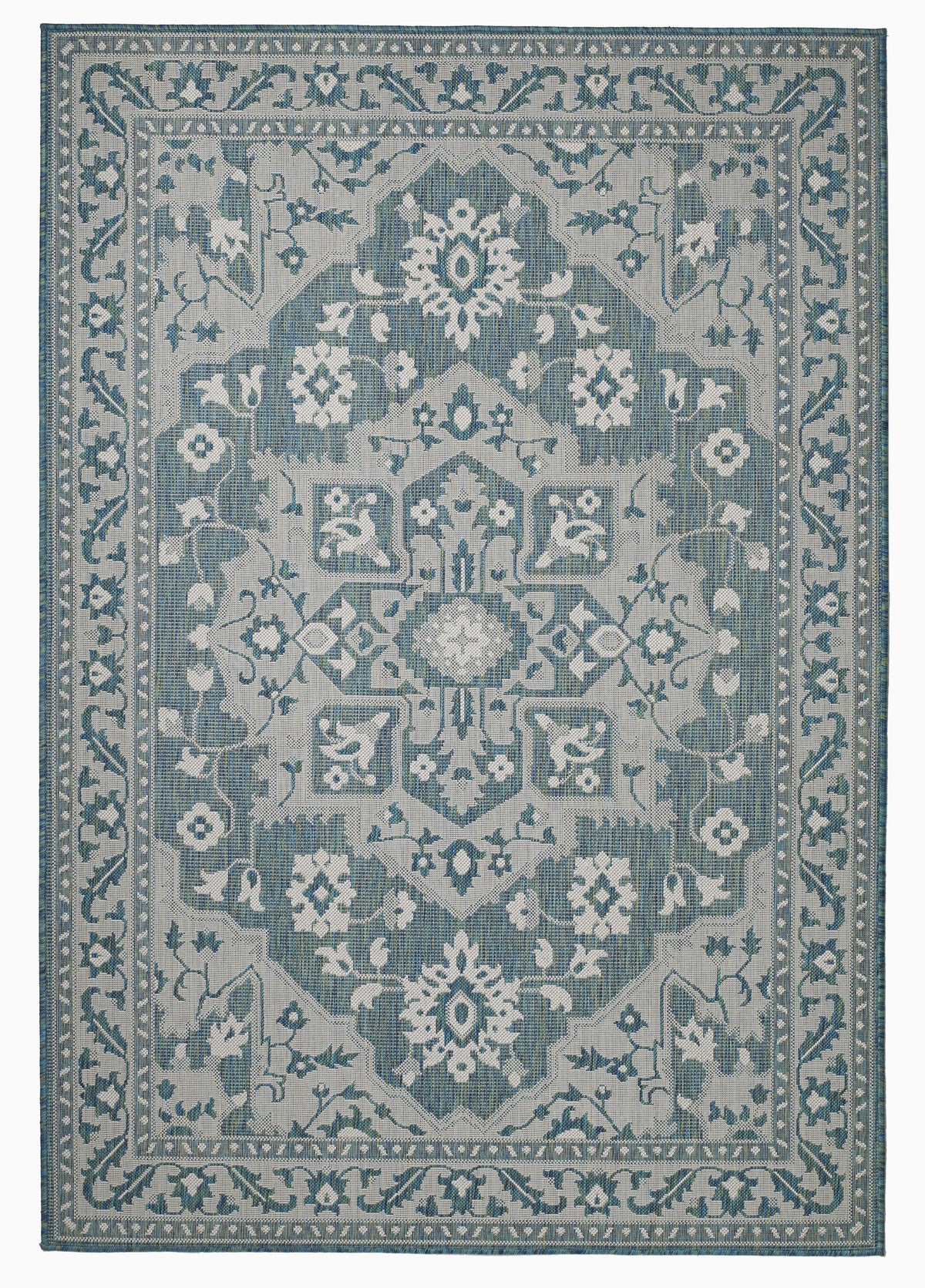 Full view of ocean blue and ivory medallion outdoor rug with ornate border