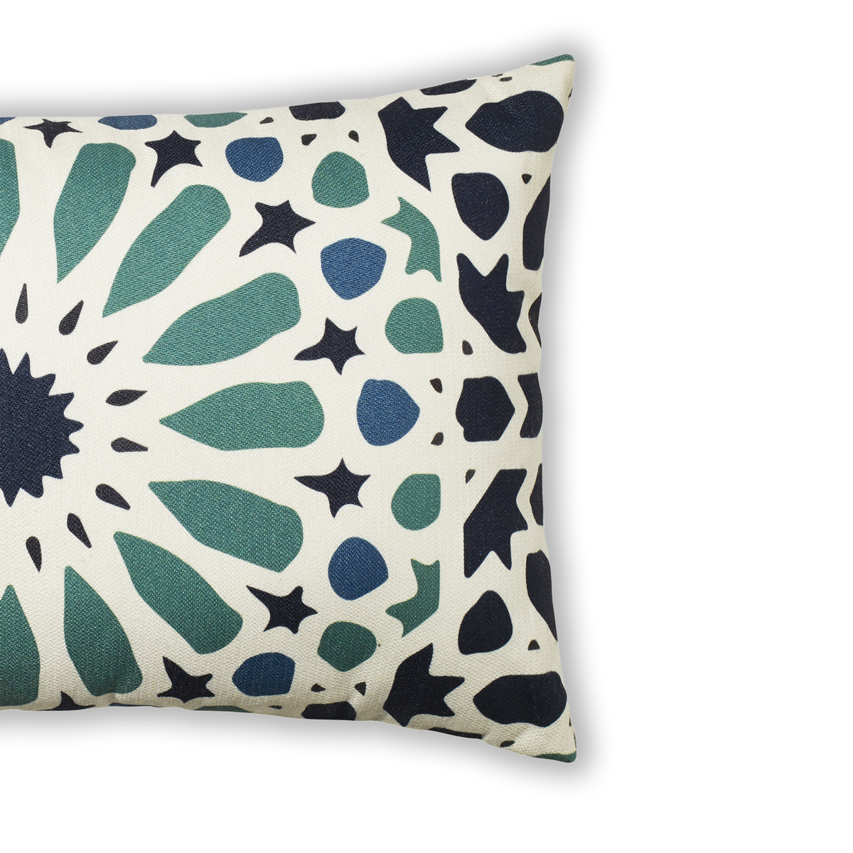 Multi Blue Outdoor Pillow, side-facing product view, alternate angle