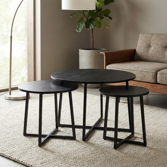 Terrain Industrial Mango Wood Nesting Coffee Tables - Set of 3, Black Finish for Living Room or Small Spaces