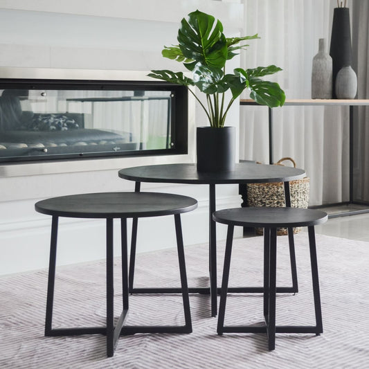 Terrain Mid-Century Mango Wood Set of 3 Nesting Tables For Living Room - Black