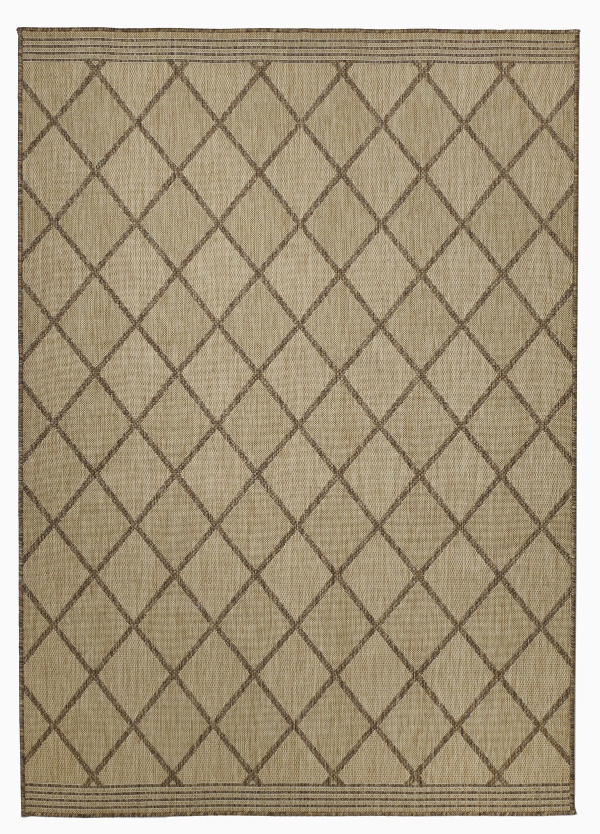 Full view of sand and brown lattice outdoor rug