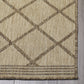 Corner close-up of sand and brown lattice outdoor rug striped border