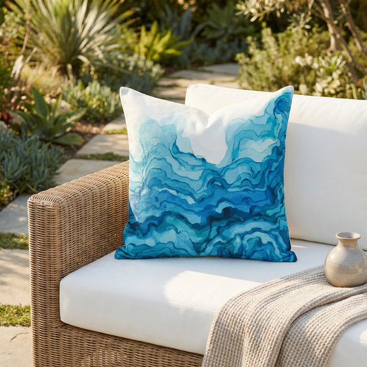 Watercolor Waves - Teal Stain Resistant Indoor/Outdoor Pillows for Patio (18" x 18" - Set of 2)