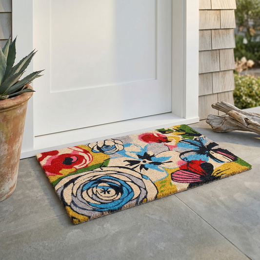 Lifestyle view of non-slip colorful floral coir doormat by potted agave