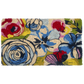 Full view of non-slip coir doormat with blue roses and red blooms