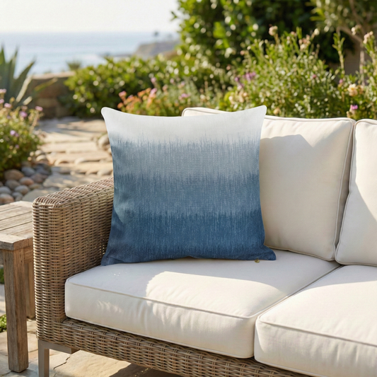 Blue Outdoor Pillow, lifestyle patio scene with pillow