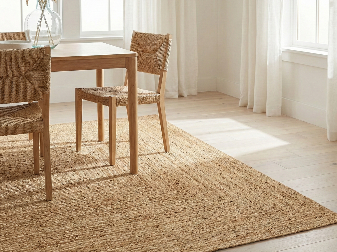 Lifestyle view of natural braided jute area rug under dining table