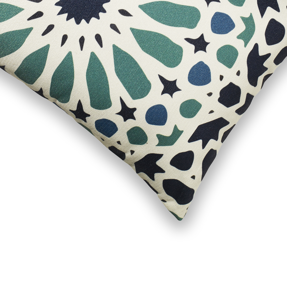 Multi Blue Outdoor Pillow, zipper and insert detail, alternate angle