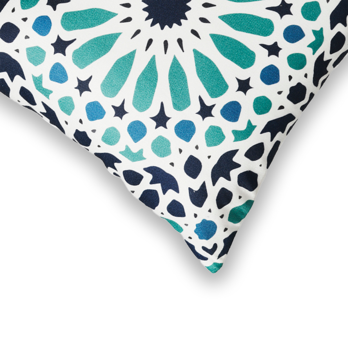 Multi Blue Outdoor Pillow, zipper and insert detail