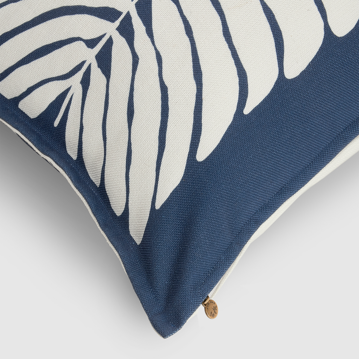 Blue Outdoor Pillow, zipper and insert detail, alternate angle