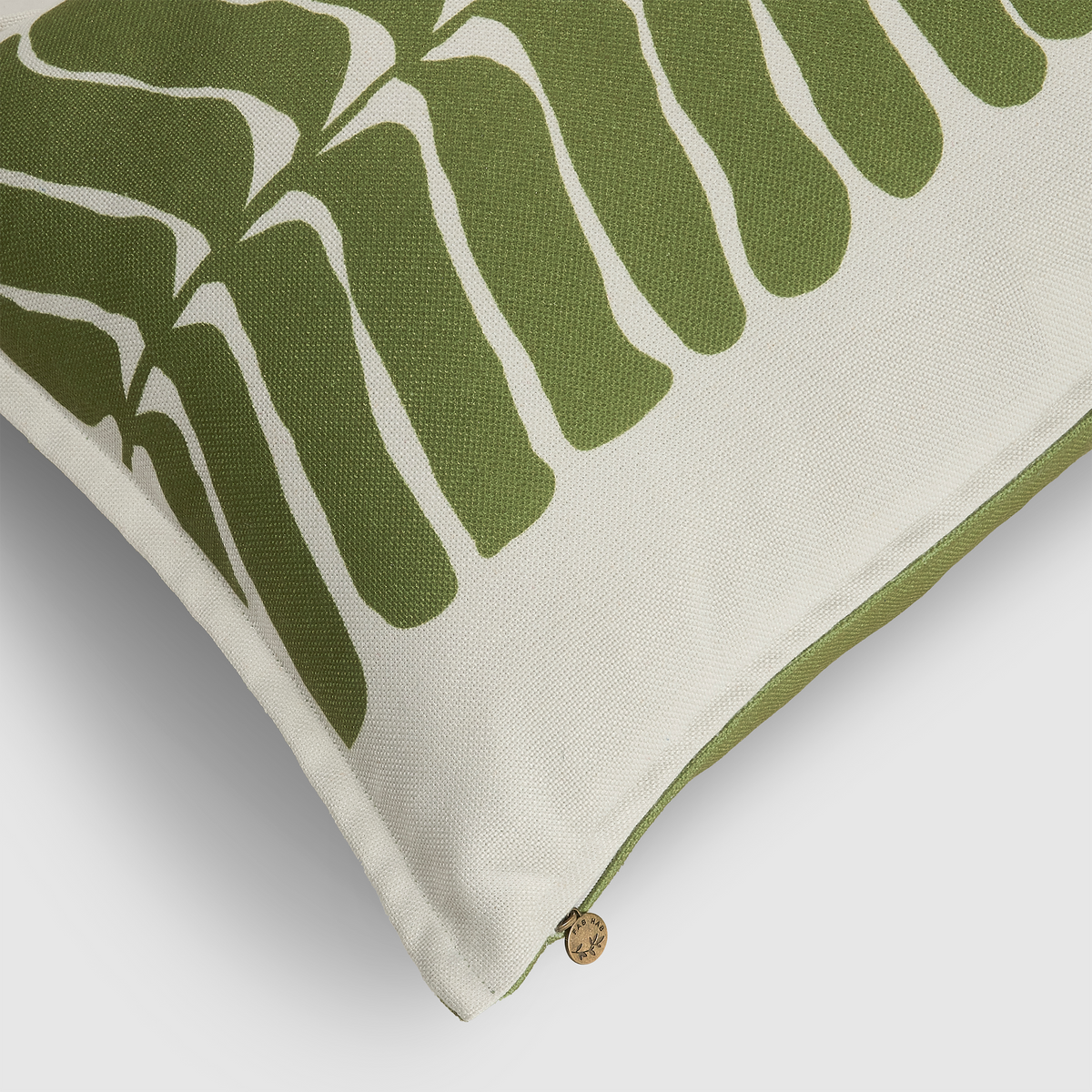 Green Outdoor Pillow, zipper and insert detail, alternate angle