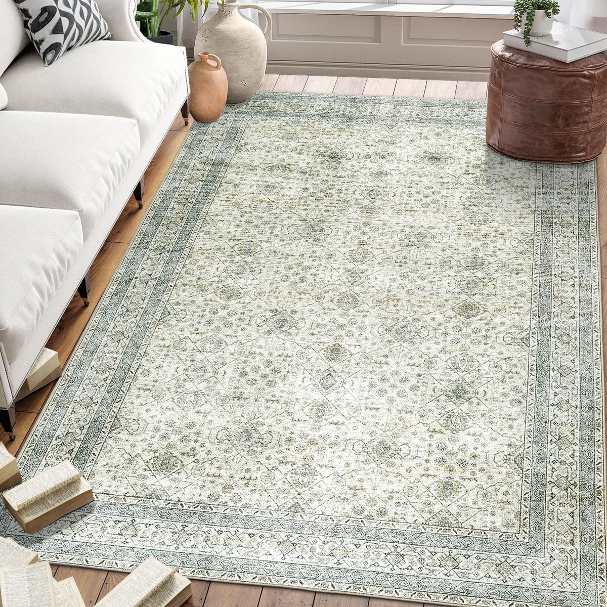 Green Area Rug, flat product shot of full pattern