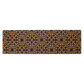 Full view of long coir doormat with navy blue tile pattern