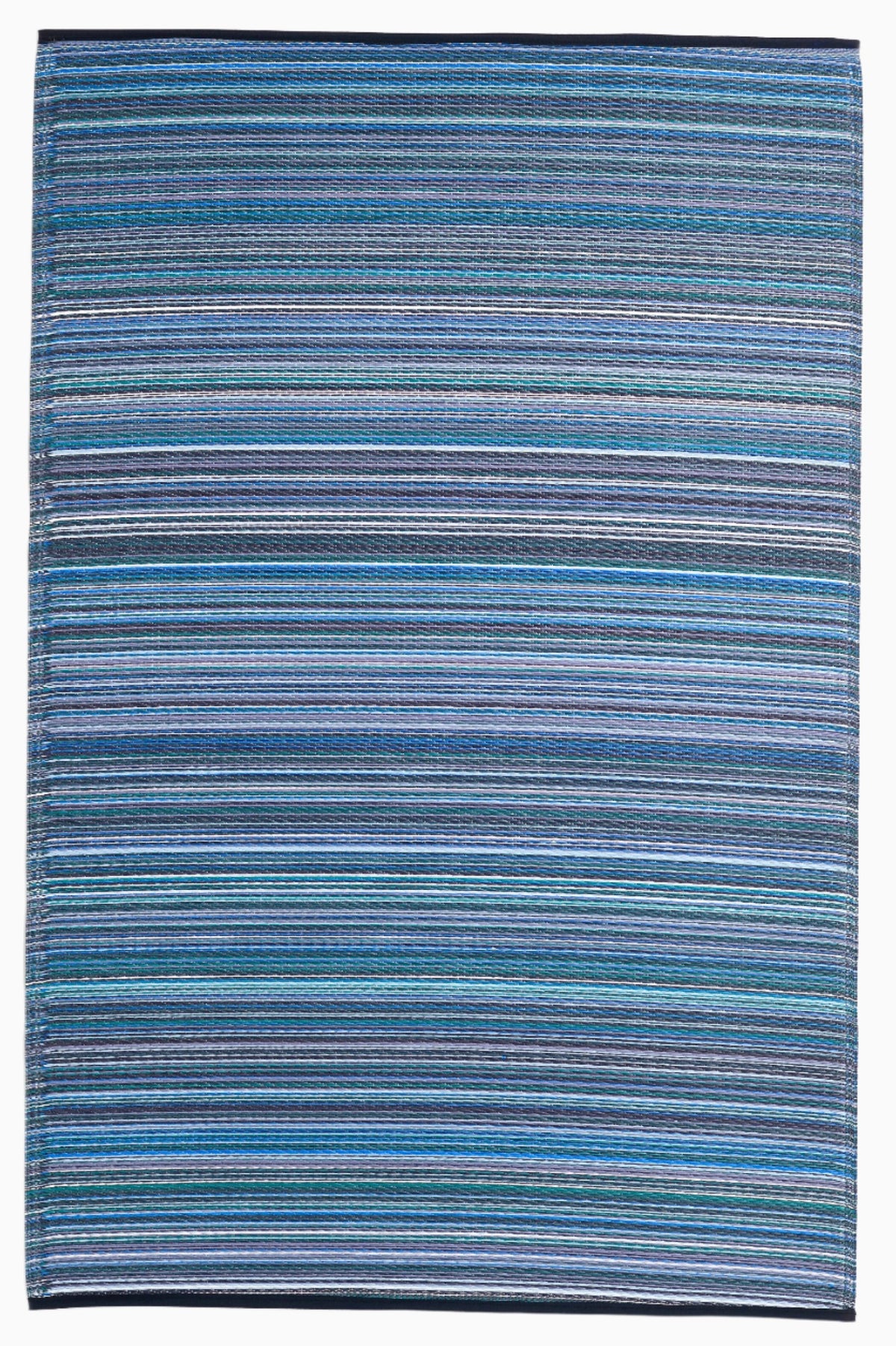 Full view of indigo and blue striped outdoor rug