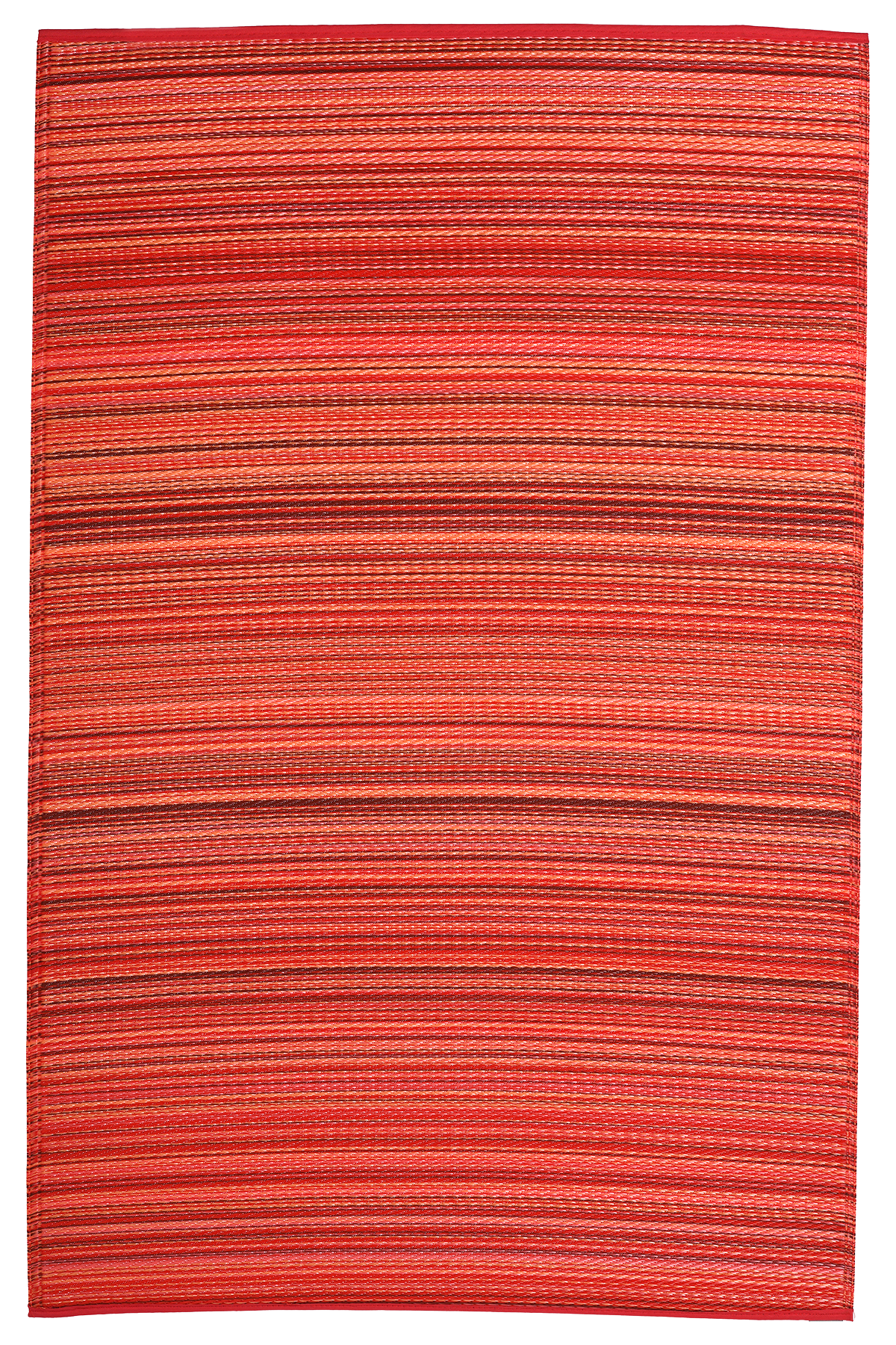 Full view of red and orange striped outdoor rug