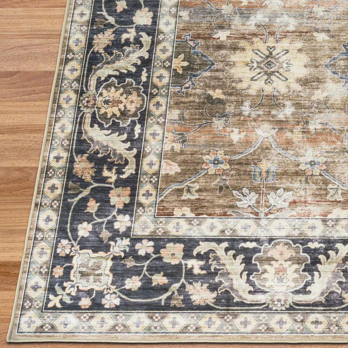 Beige Tan Brown Area Rug, folded corner detail