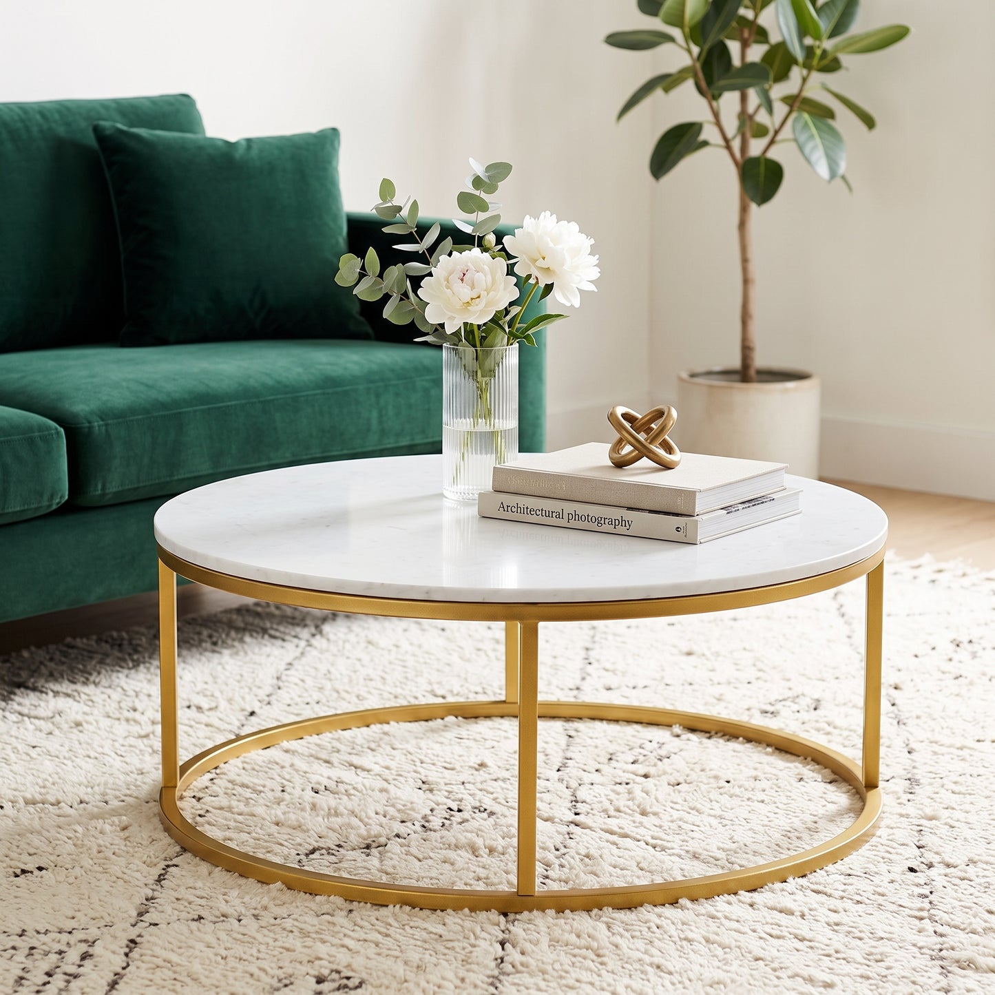 Evolve Round Marble Coffee Table For Living Room - White/Gold 36"