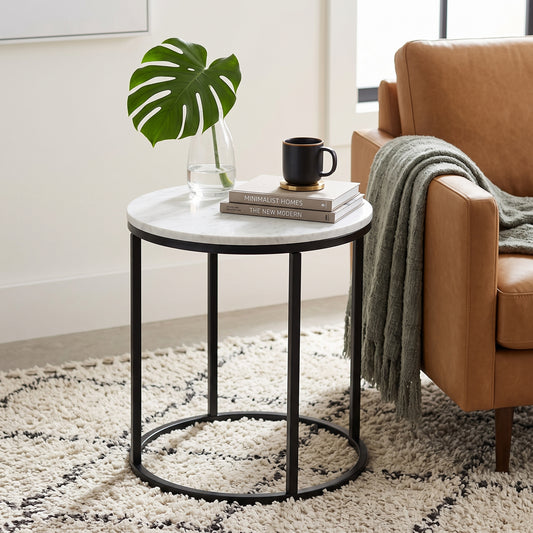 Evolve Round Marble Side Table For Living Room - White/Black 20"
