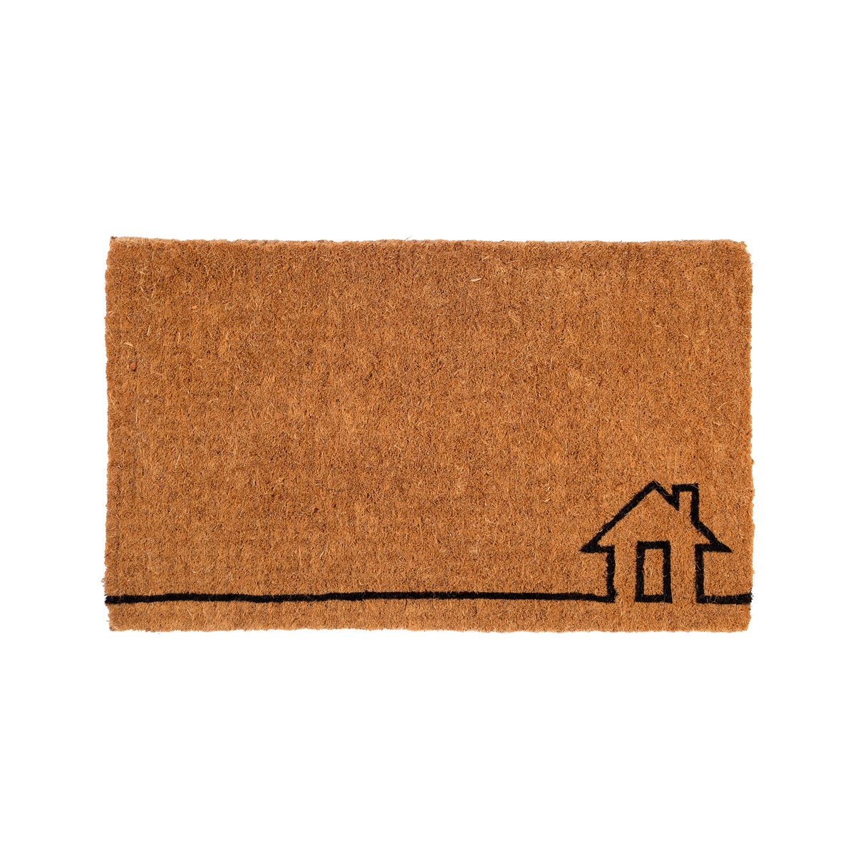 Full view of thick natural coir doormat with black line-drawn house outline