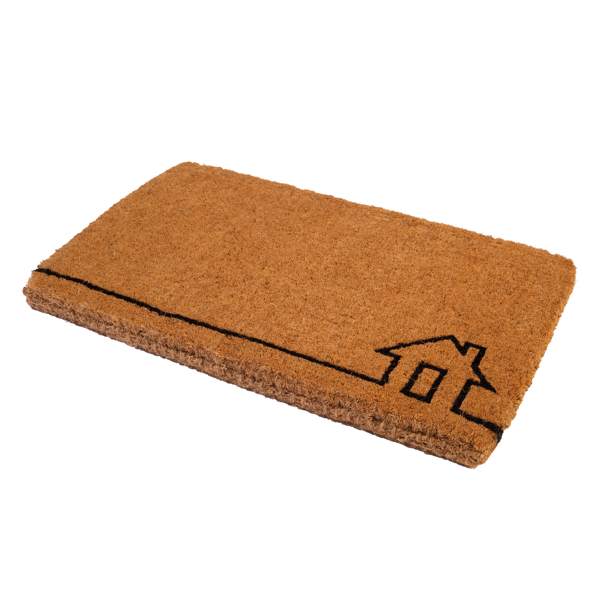 Angled view of thick natural coir doormat with black line-drawn house outline showing deep pile