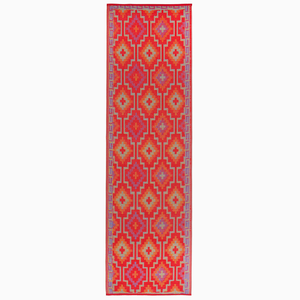 Full view of orange and violet diamond outdoor rug in runner size