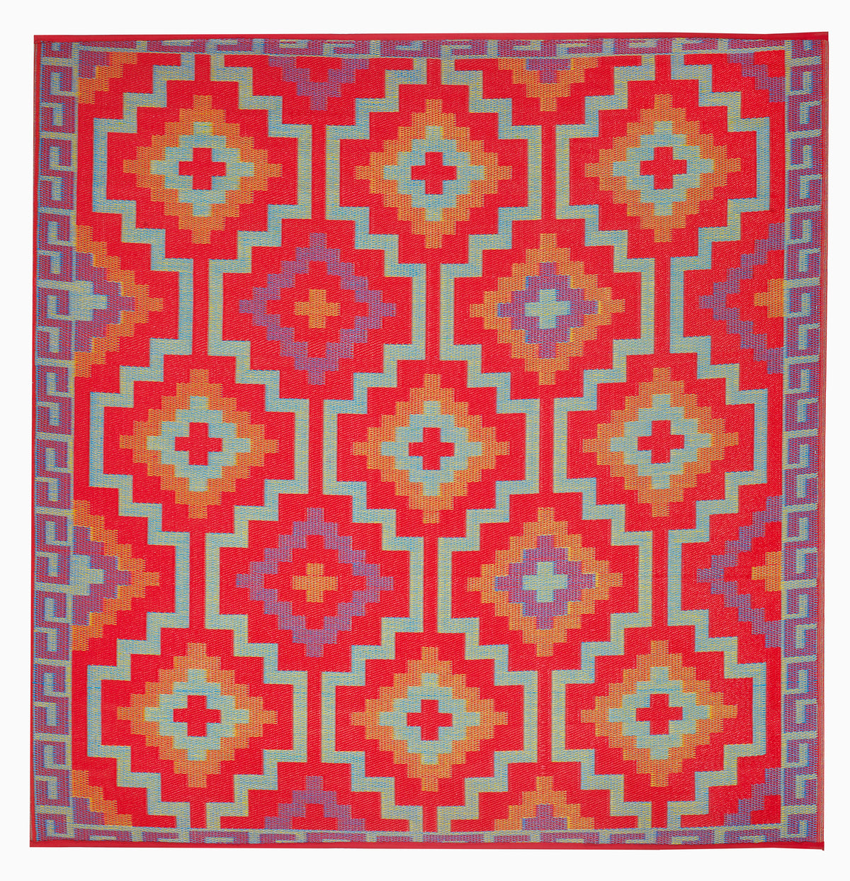 Full view of orange and violet diamond outdoor rug in square size