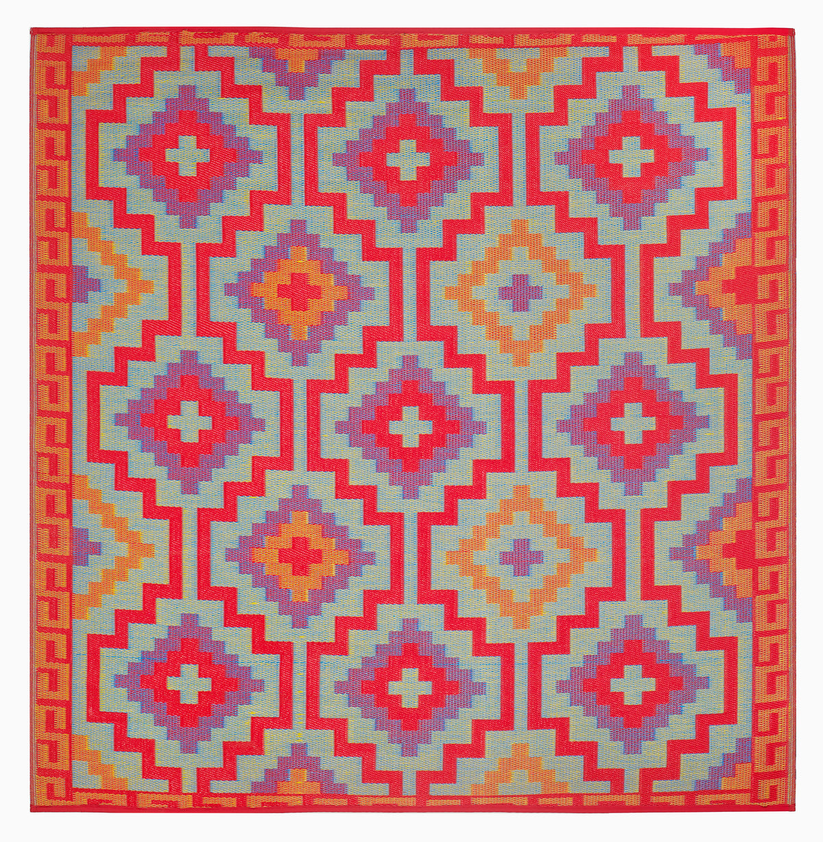 Reverse side of orange and violet diamond outdoor rug in square size