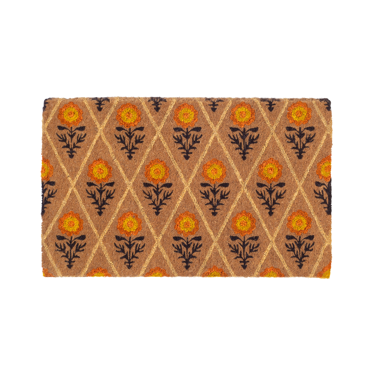 Full view of marigold lattice coir doormat with orange and yellow flowers in a diamond pattern