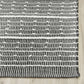 Corner close-up of charcoal and white striped indoor outdoor rug edge