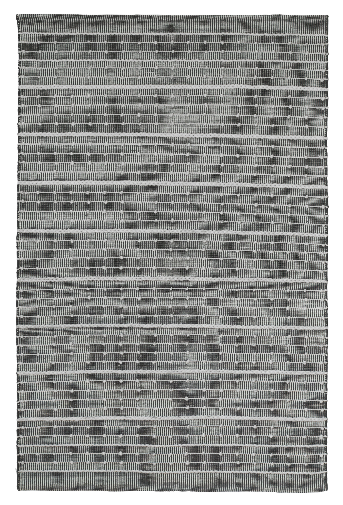 Full view of charcoal and white striped indoor outdoor rug laid flat