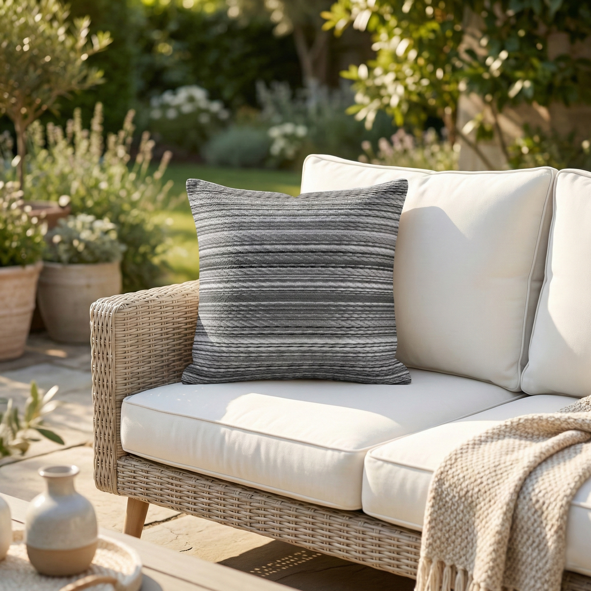 Midnight Outdoor Pillow, lifestyle video of patio seating