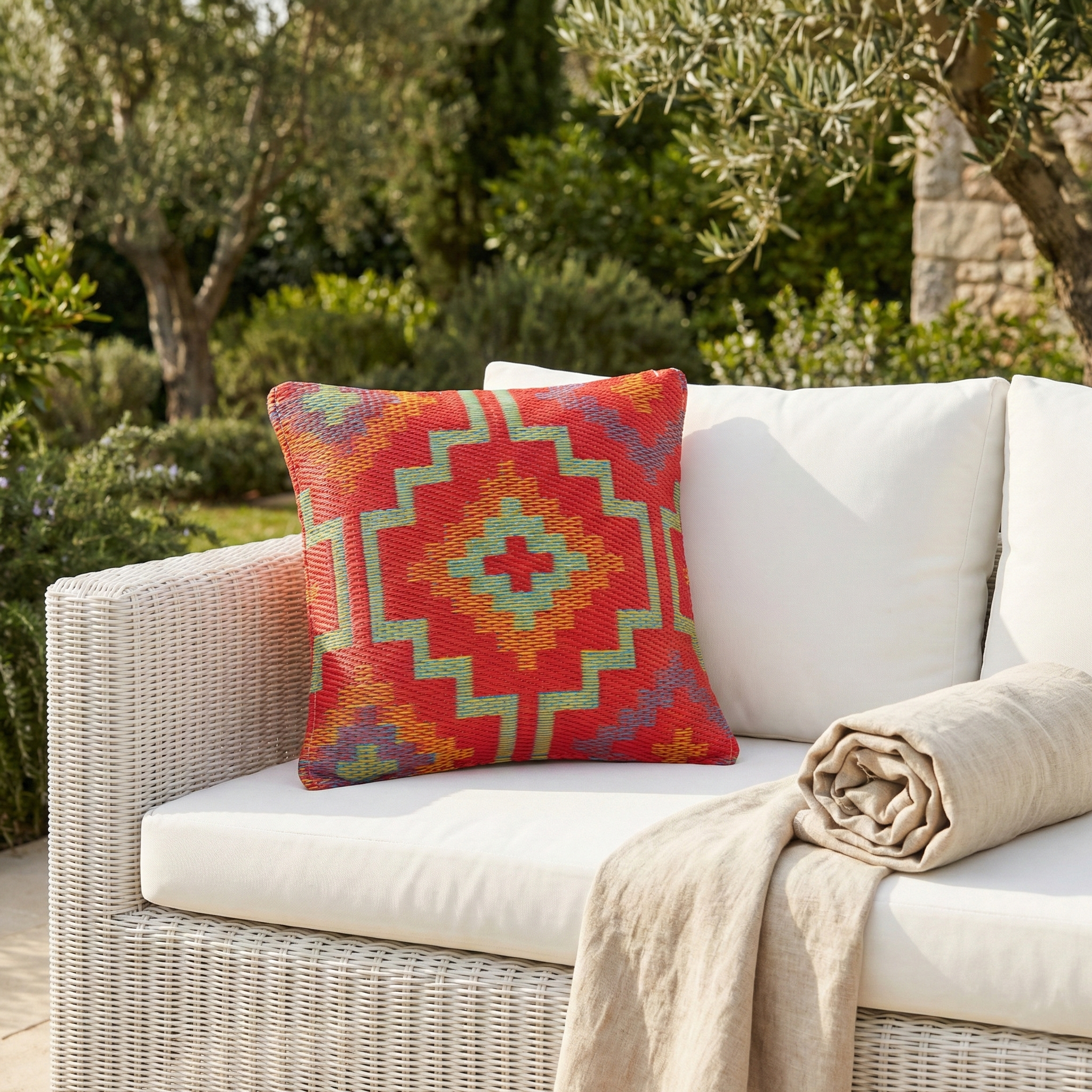 Orange & Violet Outdoor Pillow, lifestyle video of patio seating, alternate angle
