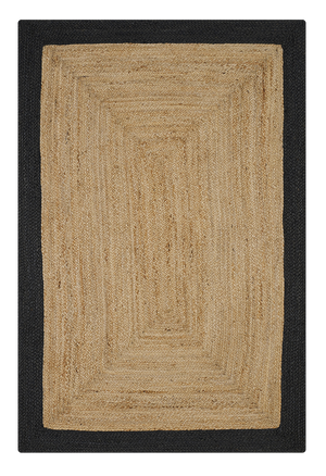 Full view of natural braided jute area rug with black border on black background