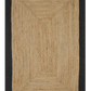 Full view of natural braided jute area rug with black border on black background