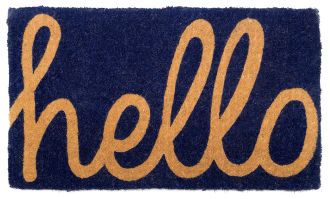 Cursive Hello Doormat Handwoven, Durable - Dark Blue